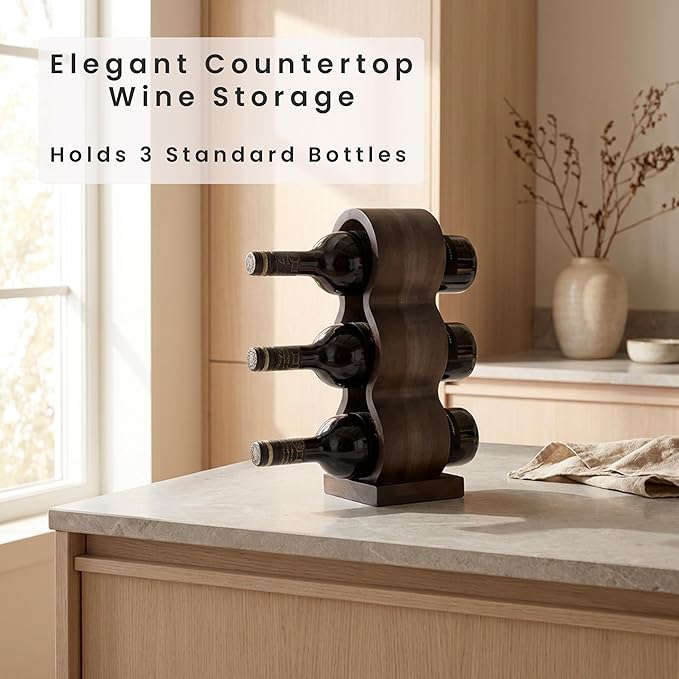 Wooden Wine Bottle Holder Countertop – Small Wine Rack for 3 Bottles, Vertical Tabletop Wine Rack Stand, Decorative Bottle Rack Wine Storage Organizer for Kitchen, Bar Decor, Wine Lover Gift