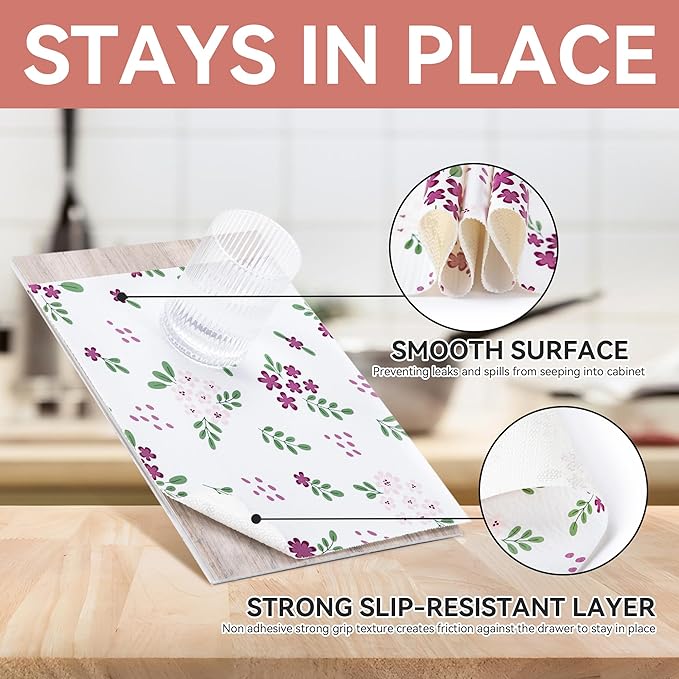 RAY STAR Shelf Liner, 18 Inch x 8 Feet Non Adhesive Purple Pink Floral Kitchen Cabinet Liner for Pantry Drawer Vanity, Strong Grip Non Slip Waterproof, Shelf Liners for Kitchen Cabinets Cupboard