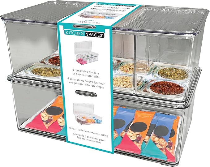 Kitchen Spaces Hinged Storage Bin, Pantry and Fridge Organizer with Dividers, Extra Storage, 1 Pack of 2, Size Small