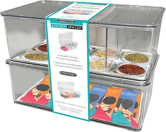 Kitchen Spaces Hinged Storage Bin, Pantry and Fridge Organizer with Dividers, Extra Storage, 1 Pack of 2, Size Small