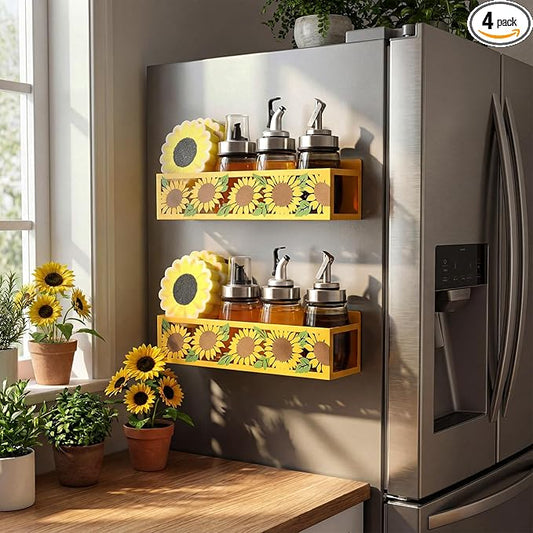 2 Pack Sunflower Magnetic Spice Rack for Refrigerator Metal Magnet Basket Shelf for Fridge Seasoning Storage Organizers Home Decor Kitchen Accessories (White)