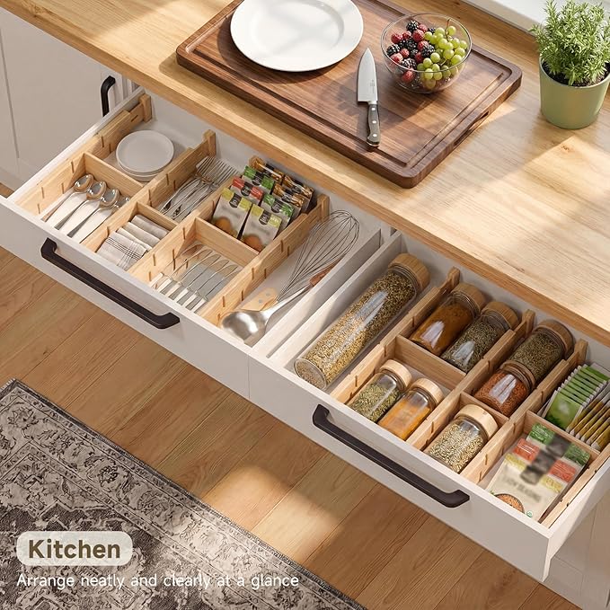 Kitchen Drawer Organizer, Expandable Bamboo Drawer Divider, Include 8 Dividers, 8 Small Inserts and 8 Medium Inserts for Home, Office, Dressers (Short-8 Dividers)
