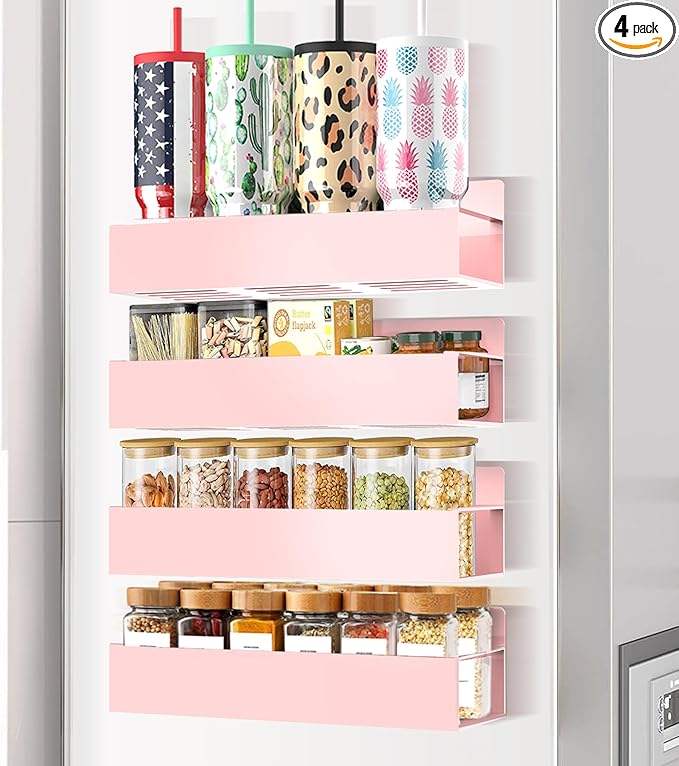 SMRCAD Magnetic Spice Rack for Refrigerator Seasoning Organizer for Spice Fridge Shelf storage Magnetic Shelf with Hook for Oven (4pack-Pink)