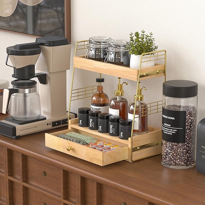 Coffee Bar Station Organizer with Built-In Drawer, 2-Tier Countertop Shelf for Tea Bags, Coffee Accessories, Syrup Bottles (Natural)