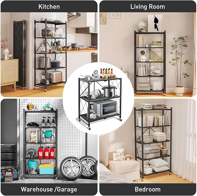 Foldable Storage Shelves with Wheels, Folding Shelving Units Storage, Heavy Duty Metal Collapsible Shelf No Assembly, Large Capacity Pop-Up Organizer for Garage,Kitchen,Living Room, 3-Tier Black