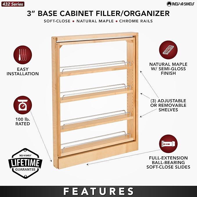 Rev-A-Shelf Base Filler Pullout Organizer Rack for Kitchen and Bathroom Cabinets with 3" Opening, Ball-Bearing Soft-Close Slides, Wood, 432-BFBBSC-3C