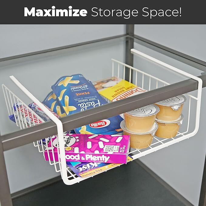 Under Shelf Storage Basket Set – 4-Piece White Wire Hanging Organizer for Kitchen, Pantry, or Cabinet Shelves