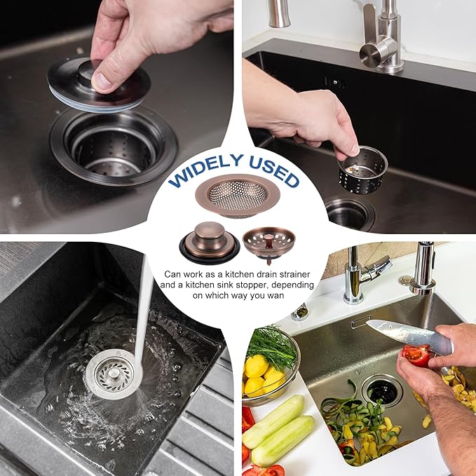 uxcell 3 Pcs Kitchen Sink Drain Strainer Brown, Stainless Steel Kitchen Sink Strainer and Stopper, Anti-Clogging Basket with Handle, for Most Kitchen Sink Strainer Replacement