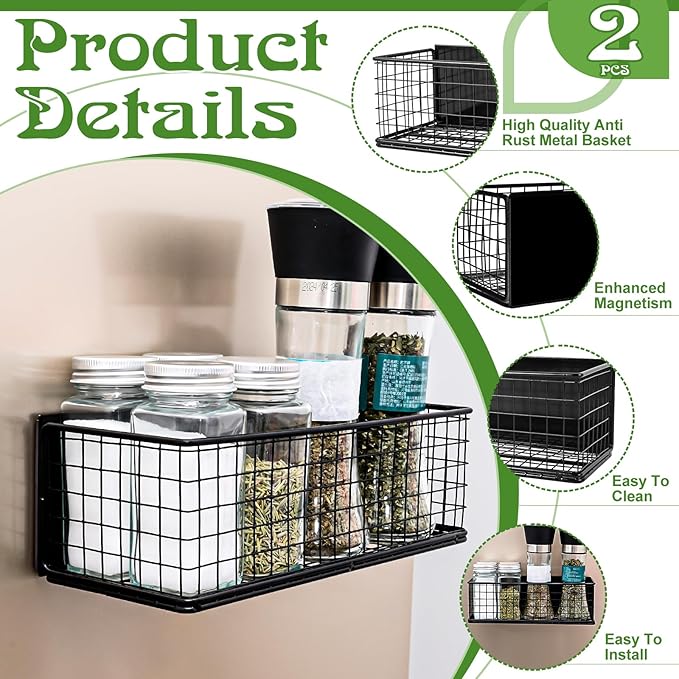 ONESIXEC 2 Pack Magnetic Basket Organizer Magnetic Baskets for Refrigerator Magnetic Storage Bin Baskets Magnetic Shelf Baskets for Home Kitchen Fridge Pantry Office Holds