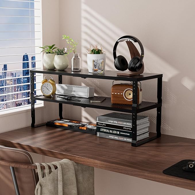 Flat Top Storage Rack - Expandable 16.5"~27" W Countertop Space Saver, Heavy-Duty Steel Construction, Powder Coated Finish for Kitchens, Bathrooms, Workshops or Offices