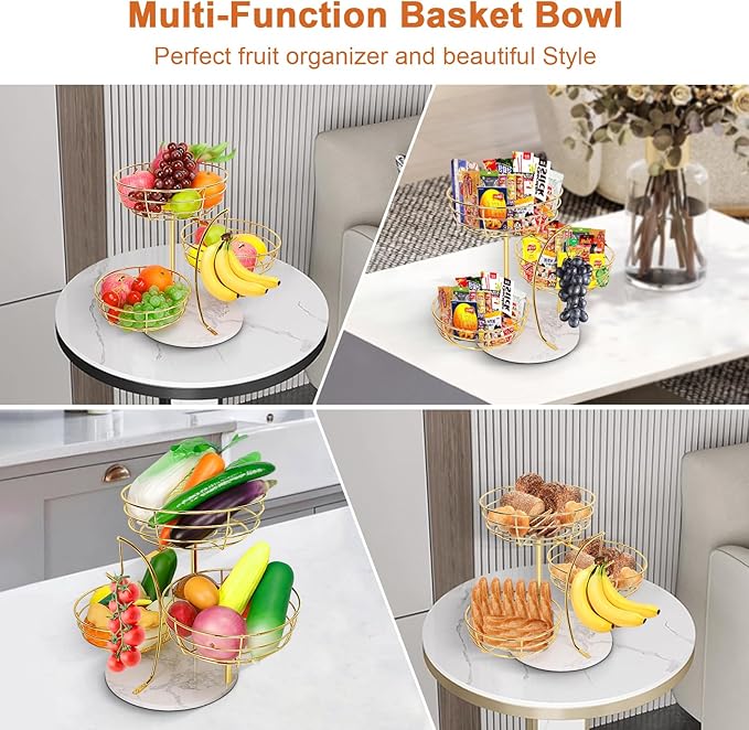 Livabber Fruit Basket Bowl with Banana Hanger, Metal Fruit Vegetable Storage Basket with Banana Holder for Kitchen Counter, Detachable Organizer for Bread Snack Produce (Gold, 3-Tier Marble Base)