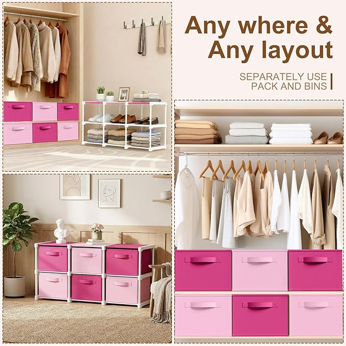 Thyle Large Cube Storage Organizer Shelf with 6 Bins 14 Inch Fabric Collapsible Cubby Storage Drawers Shelving Unit for Christmas Ornaments Clothes Toys Craft(Pink,Rose,Colorful)