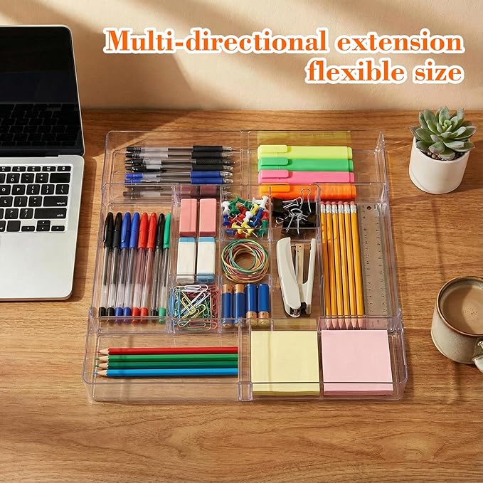 2 Pcs Expandable Acrylic Drawer Organizers 9 Square Grid Adjustable Clear Drawer Dividers Organizer for Desk, Makeup, Jewelry, Office, Kitchen Supplies (Large)