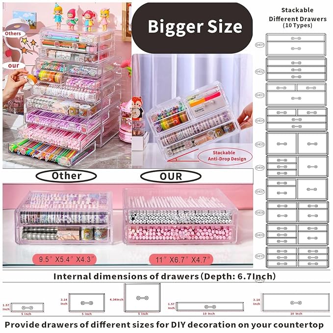 Cq acrylic 1 Pack Clear Stackable Storage Drawers for Vanity,Stackable 3 Drawers Desktop Organizer With Drawers,Cute Desk Storage for Office,Jewelry,Hair Clip,Beauty,Skincare and Make Up Organizers