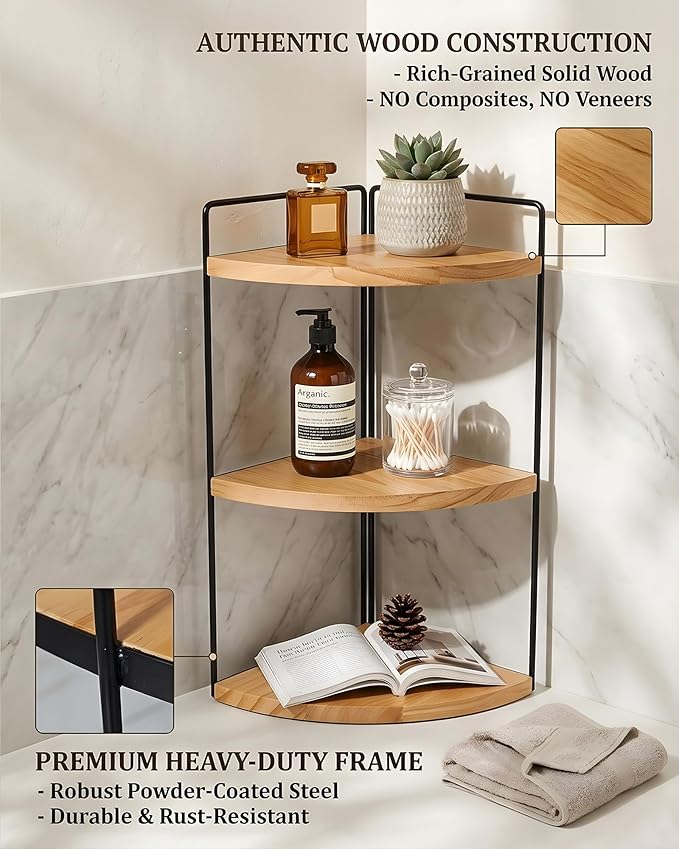 Corner Bathroom Countertop Organizer, 3-Tier Rustic Wood Corner Shelf with Sturdy Metal Frame, Waterproof Vanity Storage for Cosmetics & Toiletries, Space Saving Rack for Kitchen, Natural
