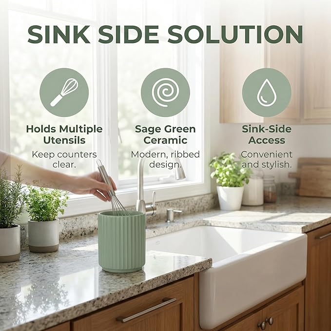 Cooking Utensils Holder for Kitchen Counter (H5.51” x W4.92”), Ceramic Crock for Kitchen Utensils, Cooking Spoon Holder for Countertop, Includes Silicone Drying Mat Green