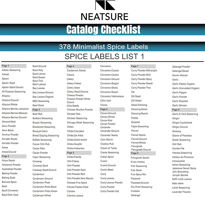 Neatsure 400 Minimalist Spice Labels, Preprinted Stickers Booklet, Black Text on White Waterproof Matte Backing, Herb Seasoning Spice Jars Rack Organization System