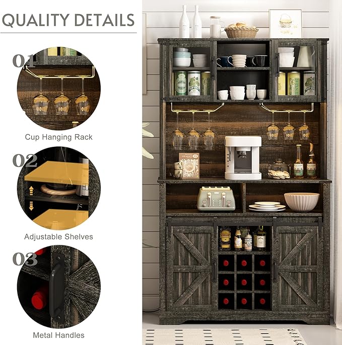 Farmhouse Coffee Bar Cabinet with Sliding Barn Door, Buffet Cabinet with Hutch, Kitchen Pantry Cabinet with Power Outlet & Lighting, Tall Liquor Chest for Home Dining Room, Black