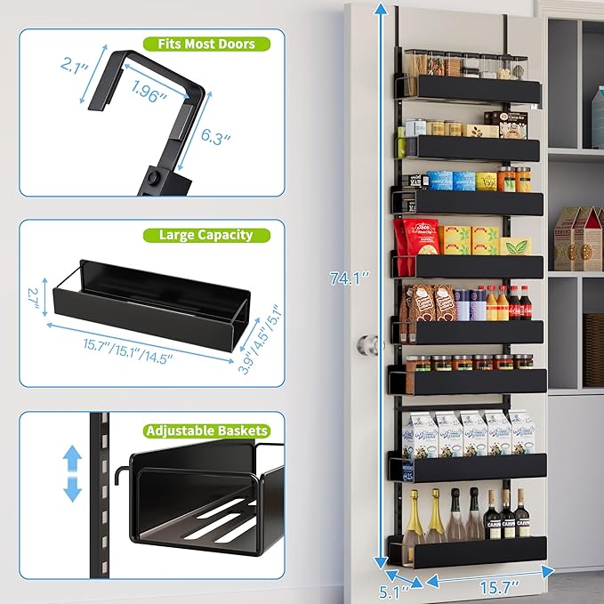 Over The Door Pantry Organizer, 8-Tier Metal Over The Door Organizer, Hanging Spice Rack Shelves Door for Kitchen Pantry Organizers and Storage, Black