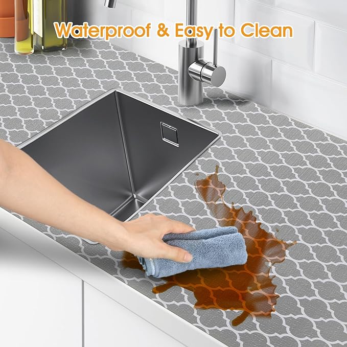 Shinlendid Shelf and Drawer Liner for Kitchen Cabinets Non-Adhesive, Strong Grip Non-Slip Thickened Cabinet Liners for Shelves, Waterproof Mats for Dresser Cupboard, Gray, 17 in x 30 Feet
