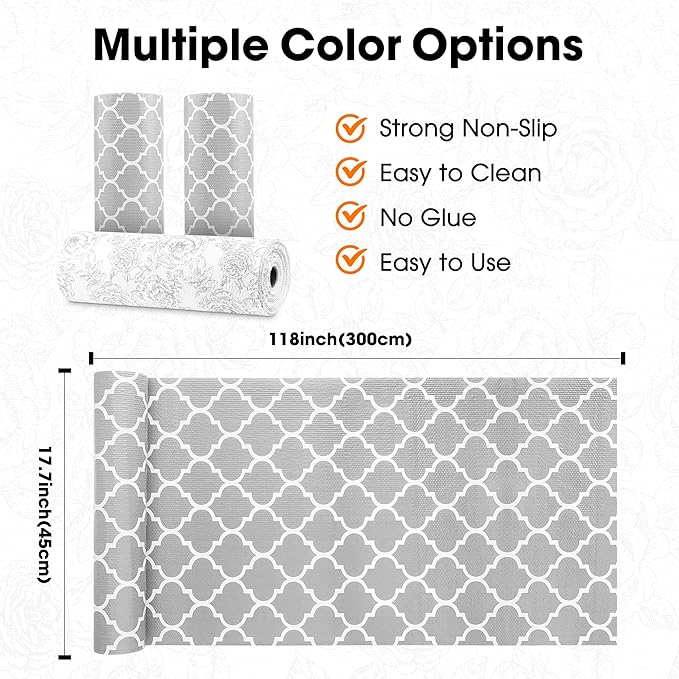 Gopas Drawer and Shelf Liner for Kitchen Cabinets Non-Adhesive, Non-Slip Cabinet Liner Shelf Paper Strong Grip Waterproof Easy to Clean for Kitchen Shelves Cupboard, Gray Lantern,17.5IN X 10FT