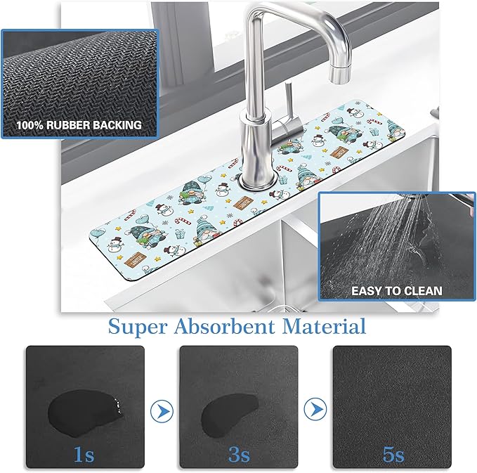 Christmas Gnome Faucet Mat Splash Guard Winter Cute Gnome, Soft Diatom Mud Material, Strong Water Absorption, Non-slip,Easy to Clean for Bathroom, Kitchen 23.5"X5.5"