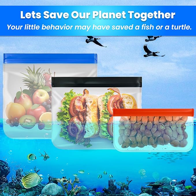 Reusable Food Storage Bags for Meal Prep, Freezer & Lunch – 18-Pack (5 Small, 8 Medium, 5 Large) Extra Thick BPA-Free Ziplock Bags – Leakproof, Dishwasher Safe, Microwave & Freezer Friendly
