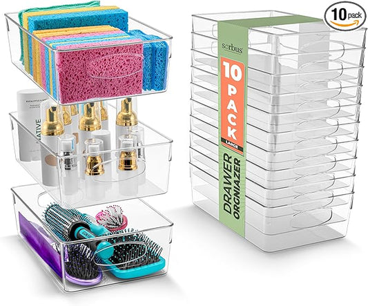 Sorbus Large Clear Plastic Storage Bins, 10 Pack Clear Organizer Bins with Handles, Plastic Storage Bins for Closet, Pantry, Fridge, Medicine Cabinet Organizer, Shelves, Freezer, Drawer