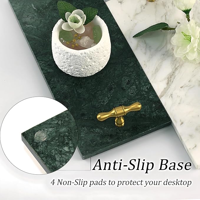 Marble Napkin Holder, Guest Towel Holder Tray, Green Marble Tray for Bathroom & Kitchen Countertop with Brass Handles, Decorative Bathroom Napkin Holder for Home Decor