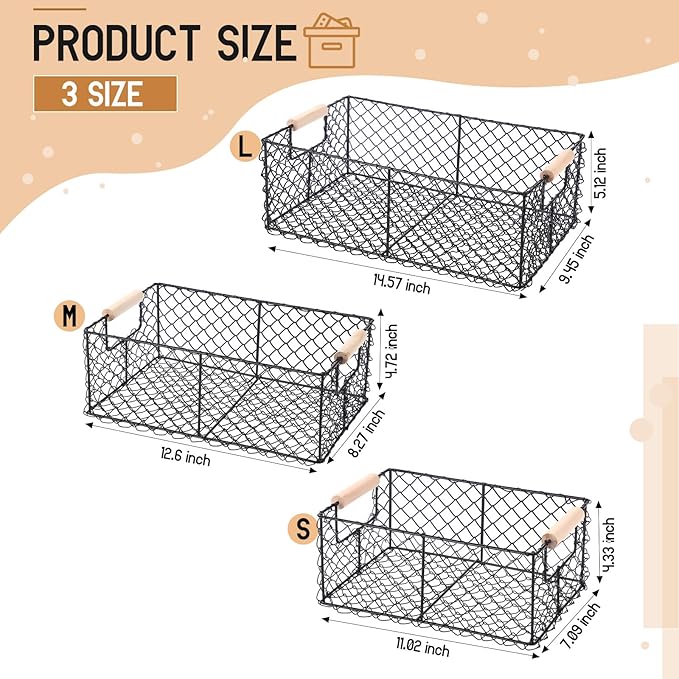 Honeydak 3 Set Wire Basket for Organizing with Wooden Handle Vintage Style Rectangle Mesh Metal Basket Food Storage Organizer for Home Kitchen Pantry Bathroom Picnic Cabinets(Black)