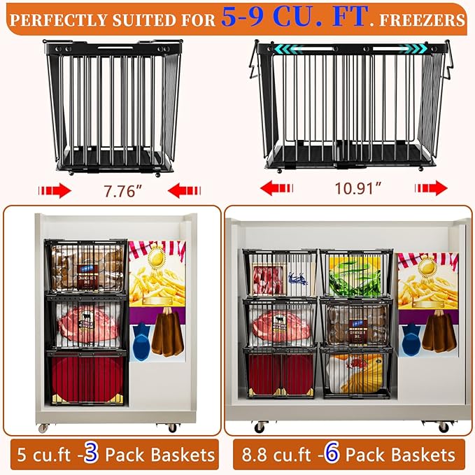 Large Freezer Organizer Bins，Upgraded Bottom Leak-Proof net，Fit 5 to 9 Cu Ft Chest Freezer，3 Pack， Expandable Stackable Chest Freezer Containers with Handle (Black-3Pack)