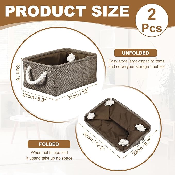 uxcell 2Pcs Fabric Storage Bins, 12 x 8.3 x 5 Inch Foldable Storage Cubes with Rope Handles Collapsible Bins Baskets for Home Office Shelves Closet Clothes Books Organizing, Brown