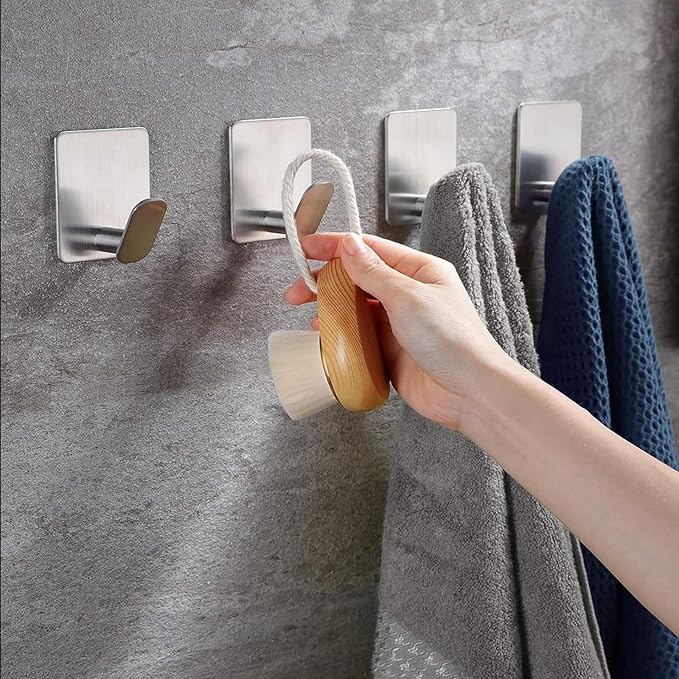 GARGIER Adhesive Shower Hooks Heavy Duty Metal, Brushed Nickel Towel Hooks Stick On Wall Hanger for Hanging Coat, Hat, Robe Hook for Bathroom Kitchen Decorations, 304 Stainless Steel (4 Packs)