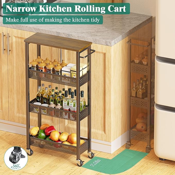 Giwil Slim Rolling Storage Cart 4 Tier Bathroom Organizer Mobile Shelving Unit Utility Cart with Wood Top and Handle for Kitchen Laundry Narrow Places, Black