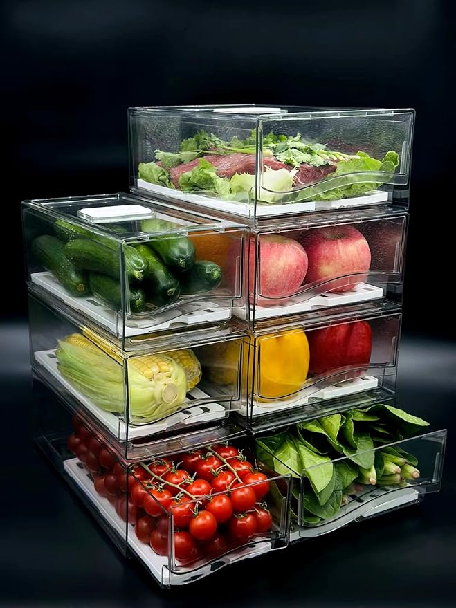 Femoliyes Refrigerator Organizers and Storage Drawer, Stackable Fruit Storage Containers for Fridge, Reusable Fridge Organizer fit for Kitchen Refrigerator and Restaurant Freezer (2 Drawers, Medium)