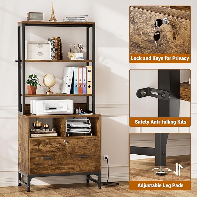 Homieasy File Cabinet with Charging Station, Vertical Filing Cabinet with Lock & Large Drawer, Printer Stand with Storage Shelves, Office Storage Cabinet fits Letter/A4/Legal Size, Rustic Brown