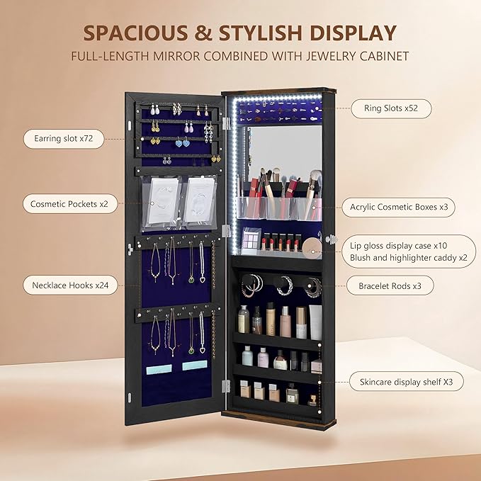 Over the Door Jewelry Organizer, 12 Hollywood Bulbs Hanging Jewelry Armoire with Full Length Mirror, 43.5" Lockable Large Storage Jewelry Cabinet for Girls/Women, (Wood grain black)