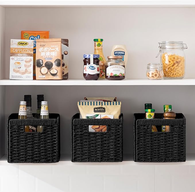 joybest Black Wicker Baskets, Woven Paper Rope Storage Baskets for Organizing, Foldable Rectangular Bin with Handles for Pantry, 13.4L x 8.3W x 7.1H inch, 2-pack