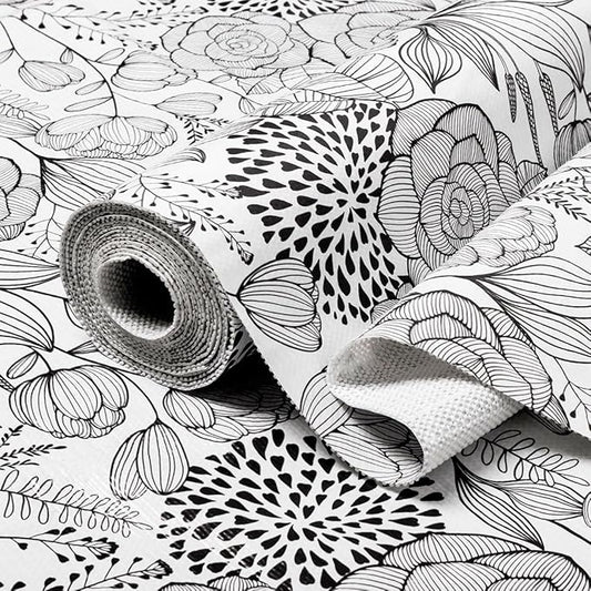 Shelf and Drawer Liner for Kitchen Cabinets, Non-Adhesive and Strong Non-Slip Floral Shelf Cabinet Drawer Liners, Waterproof Thickened Shelf Liner,Easy to Clean,Black and White,12IN x 10FT