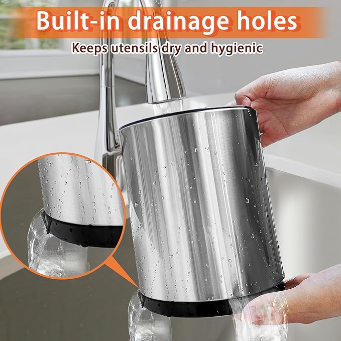 Stainless 360° Rotating Kitchen Utensil Holder Large Counter Utensil Caddy Cooking Spoon Stand Spatula Cutlery Metal Utensil (Silver)