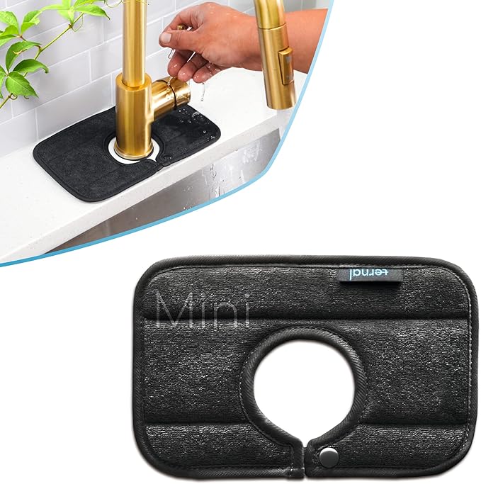 The Original Ternal Sinkmat Drip Catcher & Splash Guard, Faucet Mat for Sinks – Absorbent Microfiber, Machine Washable Counter Protector & Drying Mat for Kitchen, Bathroom or RV [Black, Mini, 1 Pack]