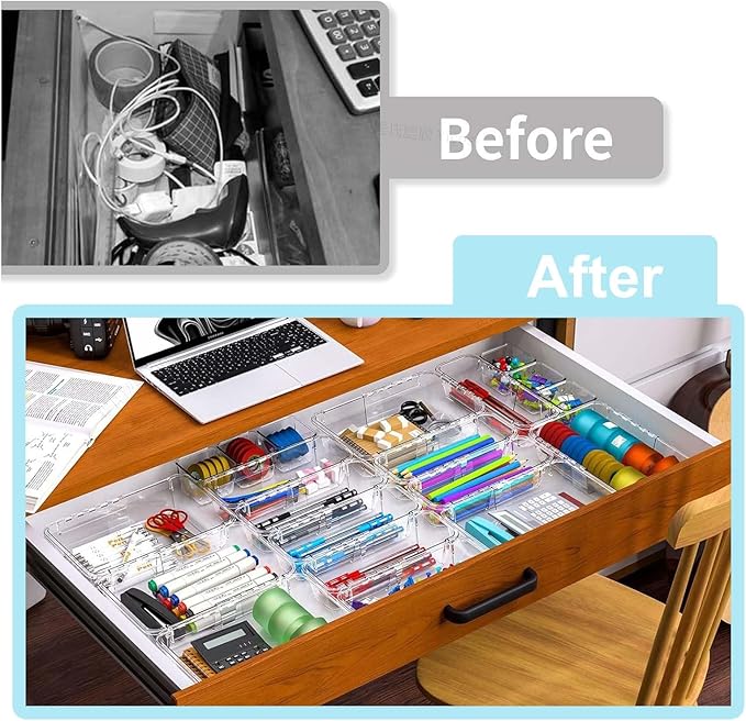 15 Pcs Extendable Clear Drawer Organizer Set,Adjustable Vanity Storage Box, 2-Size Desk Drawer Divider Organizer Trays, Storage Bin for Makeup, Cosmetic,Gadgets for Bathroom Bedroom Kitchen Office