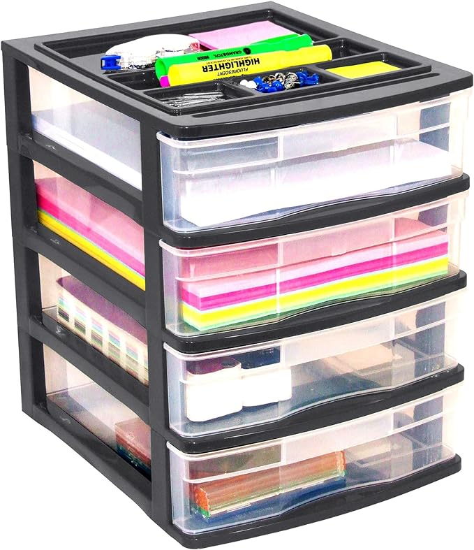 Gracious Living 4 Drawer Desktop & Countertop Organizer w/Organization Lid for Craft Storage, Office Supplies & School Supplies, Black/Clear (3 Pack)