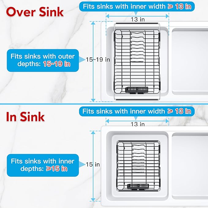JASIWAY in Sink Dish Drying Rack, Expandable Stainless Steel Dish Drainers for Kitchen Sink, Over Sink Dish Drying Rack with Utensil Holder, 13.1''~16.6''D x 11.8''W, Black