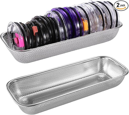 2Pack Stainless Steel Tumbler Cup Lid Organizer Inside Cabinet, Mason Jar Lid Holder, Rectangular Basket for Storage of Silverware, Chopsticks, straws and Utensils