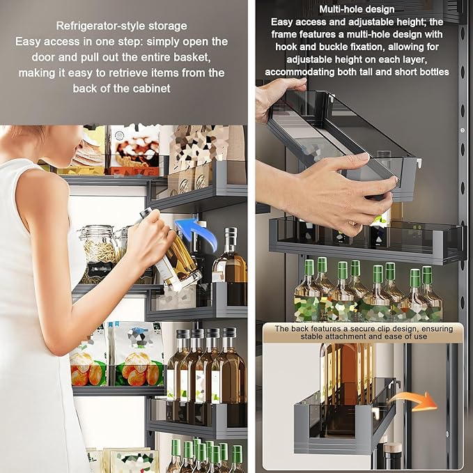 WIGING 4-Tier Narrow Cabinet Pull-Out Basket, High Cabinet Pull-Out Storage Rack with Adjustable Dividers for Kitchen Bathroom Pantry, Single-Layer Load Capacity: 15kg(21.7x45x133cm)