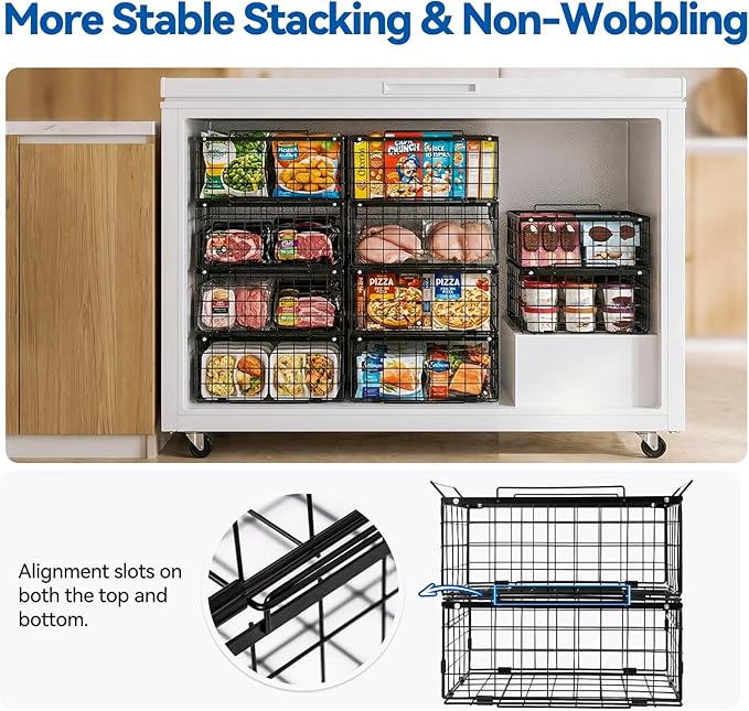 Reinforced Freezer Organizer Bins, 2 Pack Large Stackable Upright Chest Deep Freezer Storage Containers, Black Wire Foldable Baskets with Handles, More Space, Easy Access (V-2 Packs-2)
