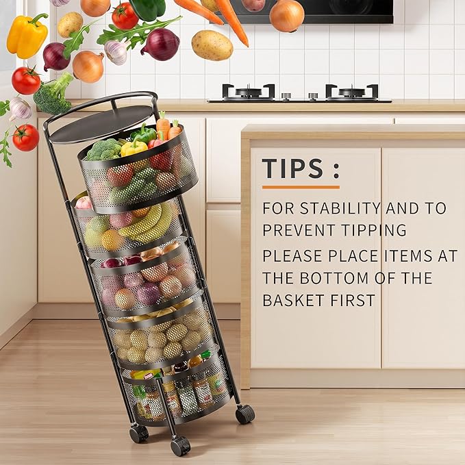 Rotating Fruit Basket, 5-Tier Metal Sturdy Kitchen Storage Rack Shelf Carts No Assembly on Rolling Wheels for Fruit Vegetable Grocery Corns Potato Onion (5-Tier, Black)