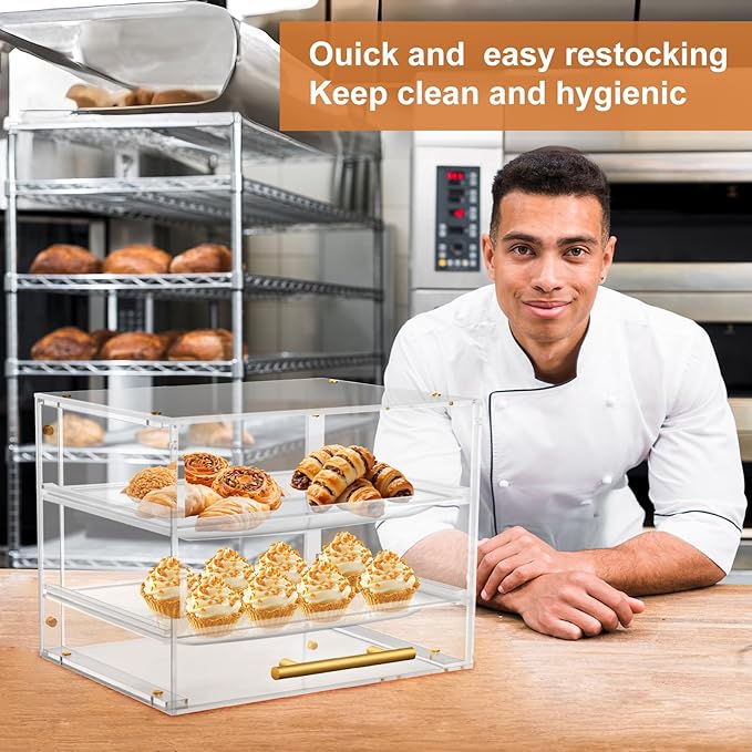 Acrylic Pastry Display Case Countertop 2 Tier Bakery Display Case with Magnetic Door for Cookie Display, Dessert Display, Cake Display, Clear Bread Box for Home and Commercial Kitchen