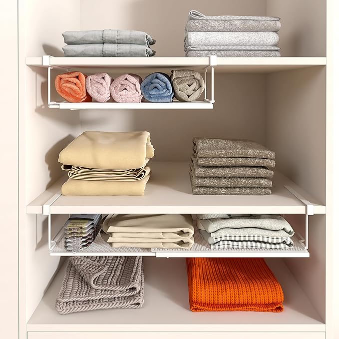 Expandable Under Cabinet Shelf, Extendable Under Shelf Storage with 1.25 Inches Thick Clips for Pantry Cabinet, Laundry Room, Shoe Rack.(White, 2 Pack, Interior: 3.66" H x 8.26" D)